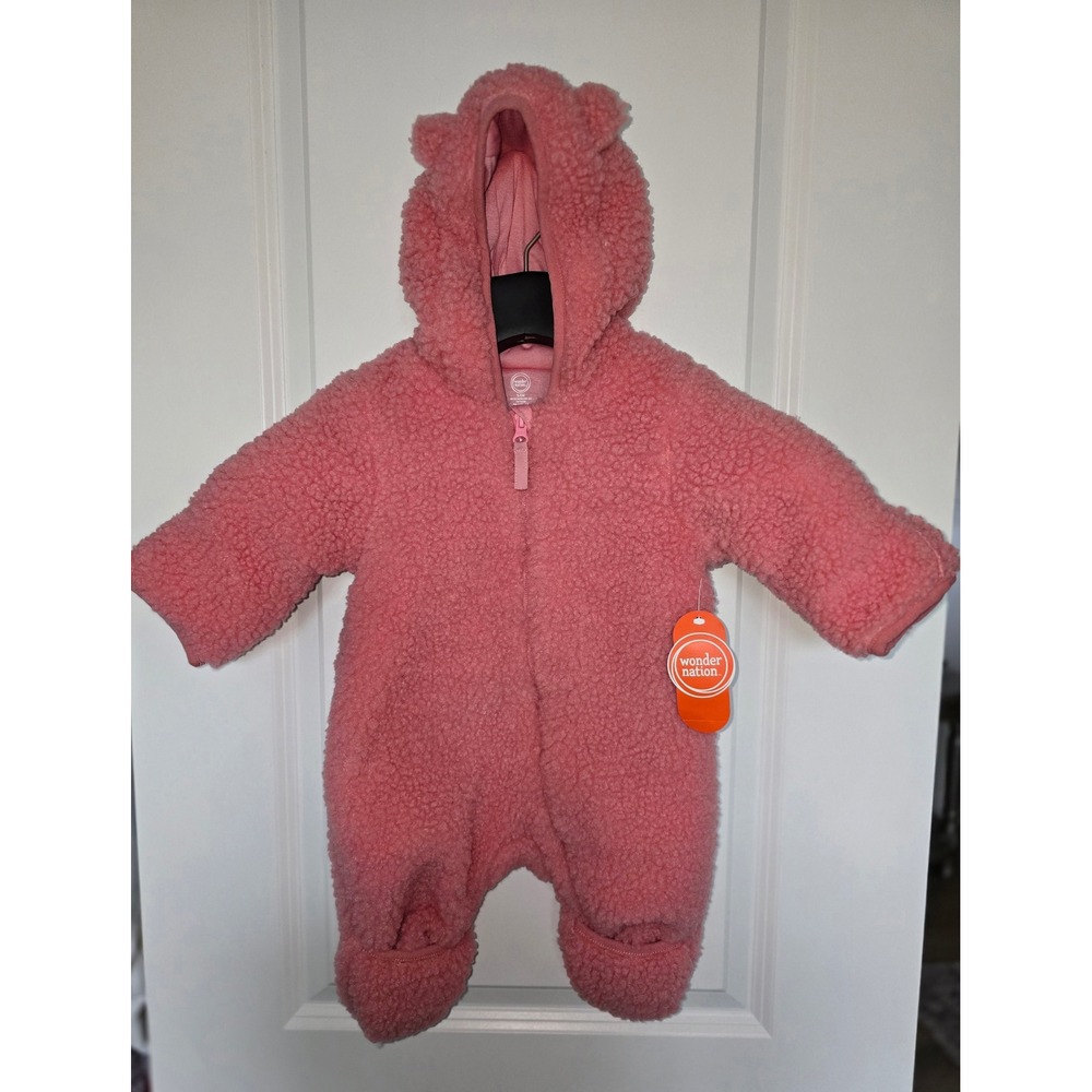 Wonder Nation Teddy Fleece Pram Mauve Glow Pink Bear Ear Hooded Bunting 3-6M NEW